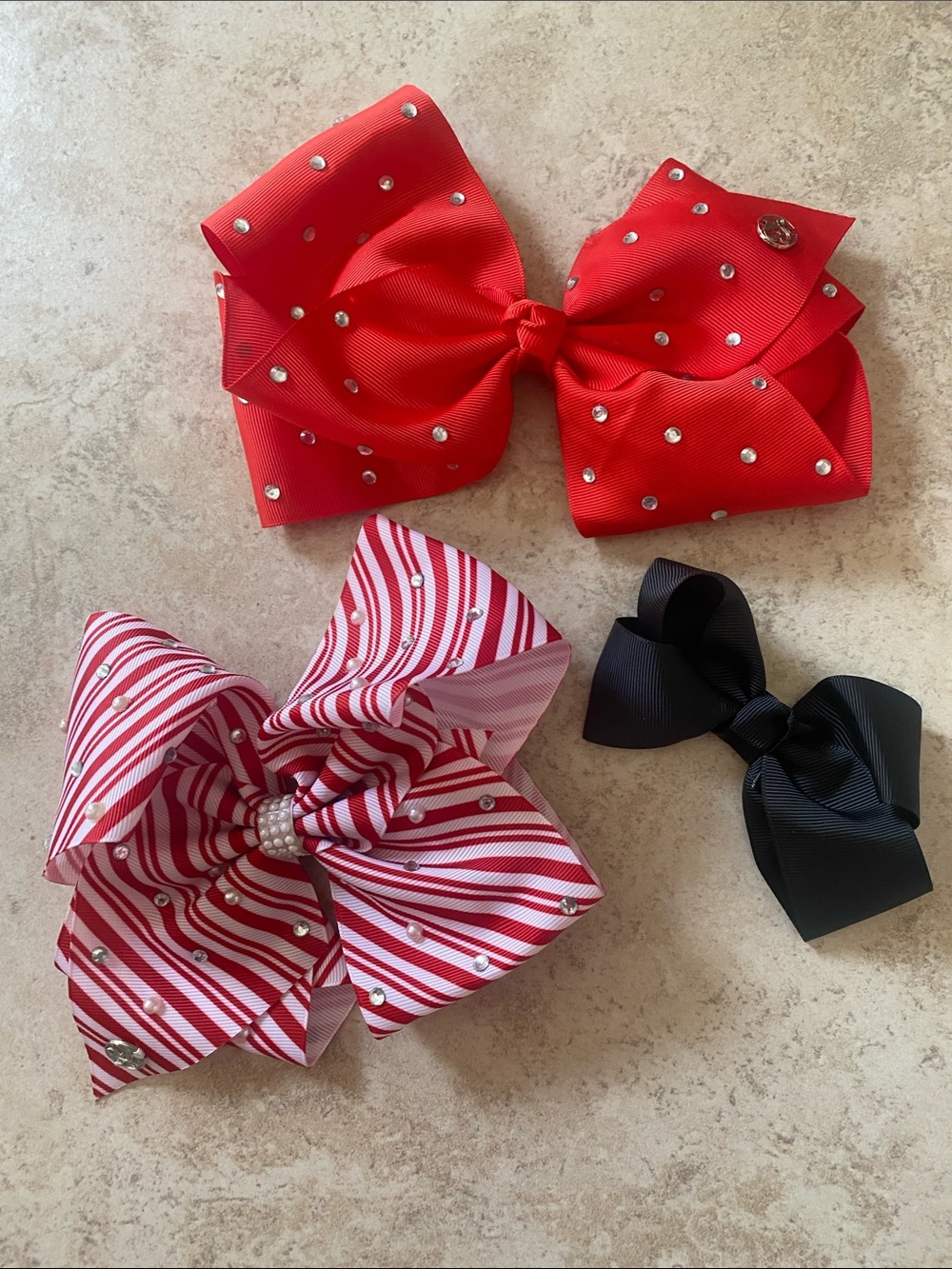 Bundle of 3 Red, Black & Red White Strip Girls Hairbows 2 Large 1 Medium